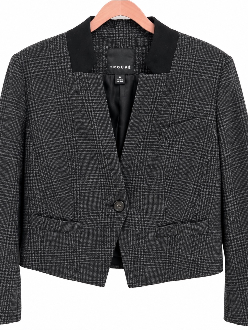 Trouvé Wool Blend Cropped Plaid Blazer Charcoal Black Size M